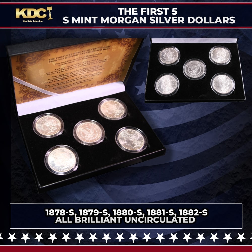 The First 5 San Francisco Mint Morgan Silver Dollar Set, 1878-1882-S ALL UNC: The First 5 San Francisco Mint Morgan Silver Dollar Set, 1878-1882-S ALL UNC. Please Note All Backer Cards may have slight differences but will be very similar if not identical to the one in the photo