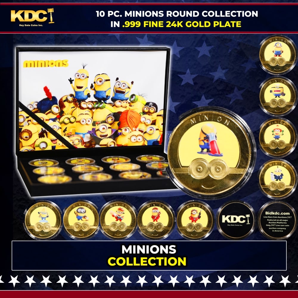 10 PC. Minions Gold Plated Round Collection In Custom Box W/ Special Backer card: 10 PC. Minions Gold Plated Round Collection In Custom Box W/ Special Backer card. Please Note All Backer Cards may have slight differences but will be very similar if not identical to the one in the