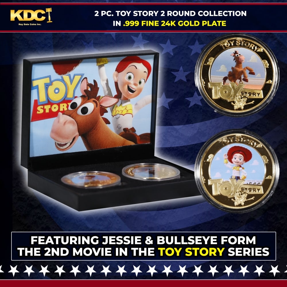 2 Coin Toy Story 2 Gold Plated Round Collection In Custom Box W/ Special Backer card: 2 Coin Toy Story 2 Gold Plated Round Collection In Custom Box W/ Special Backer card. Please Note All Backer Cards may have slight differences but will be very similar if not identical to the one in