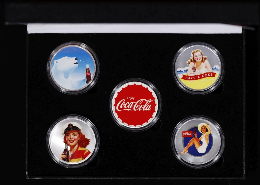 5 Coin Classic Coca-Cola Silver Plated Round Collection In Custom Box W/ Special Backer card - 2