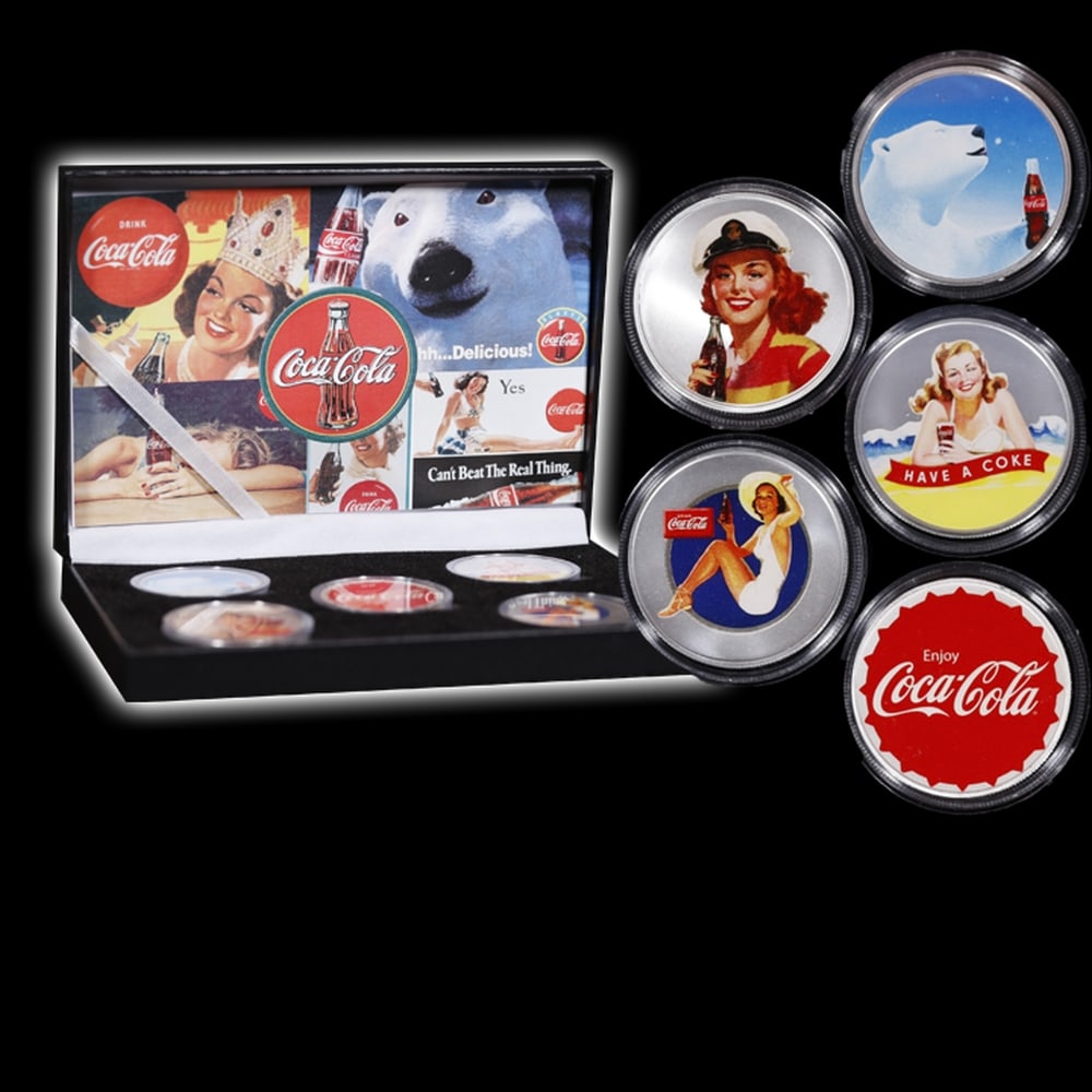 5 Coin Classic Coca-Cola Silver Plated Round Collection In Custom Box W/ Special Backer card - 3