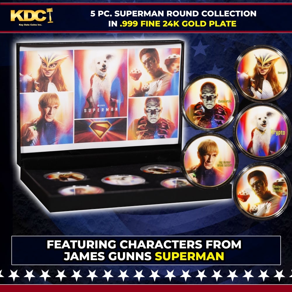 6 Coin James Gunn Superman Gold Plated Round Collection In Custom Box W/ Special Backer card: 6 Coin James Gunn Superman Gold Plated Round Collection In Custom Box W/ Special Backer card. Please Note All Backer Cards may have slight differences but will be very similar if not identical to the