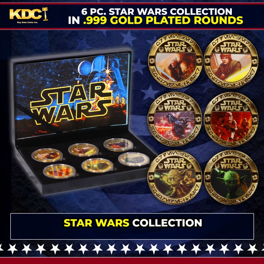 6 Coin Star Wars Gold Plated Round Collection: 6 Coin Star Wars Gold Plated Round Collection. Please Note All Backer Cards may have slight differences but will be very similar if not identical to the one in the photo