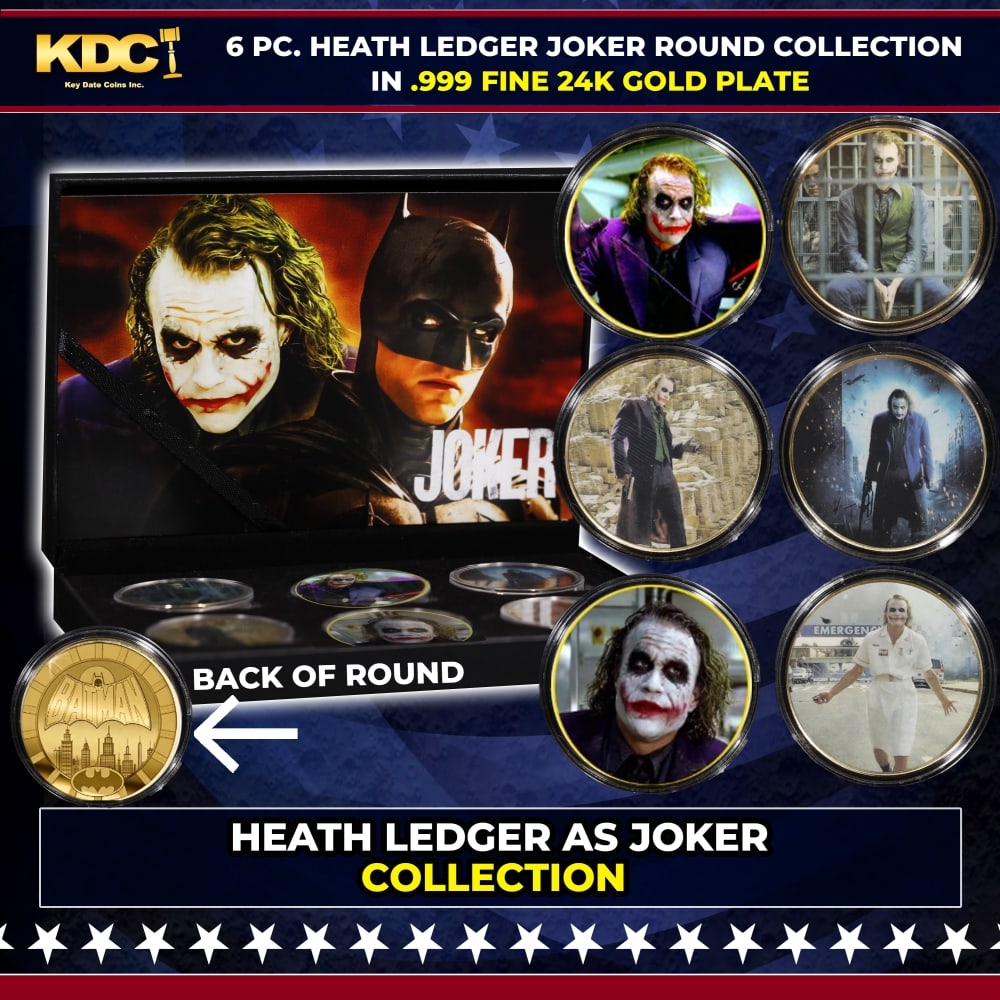 6 PC. Heath Ledger As The JOKER Gold Plated Round Collection In Custom Box W/ Special Backer card: 6 PC. Heath Ledger As The JOKER Gold Plated Round Collection In Custom Box W/ Special Backer card. Please Note All Backer Cards may have slight differences but will be very similar if not identical