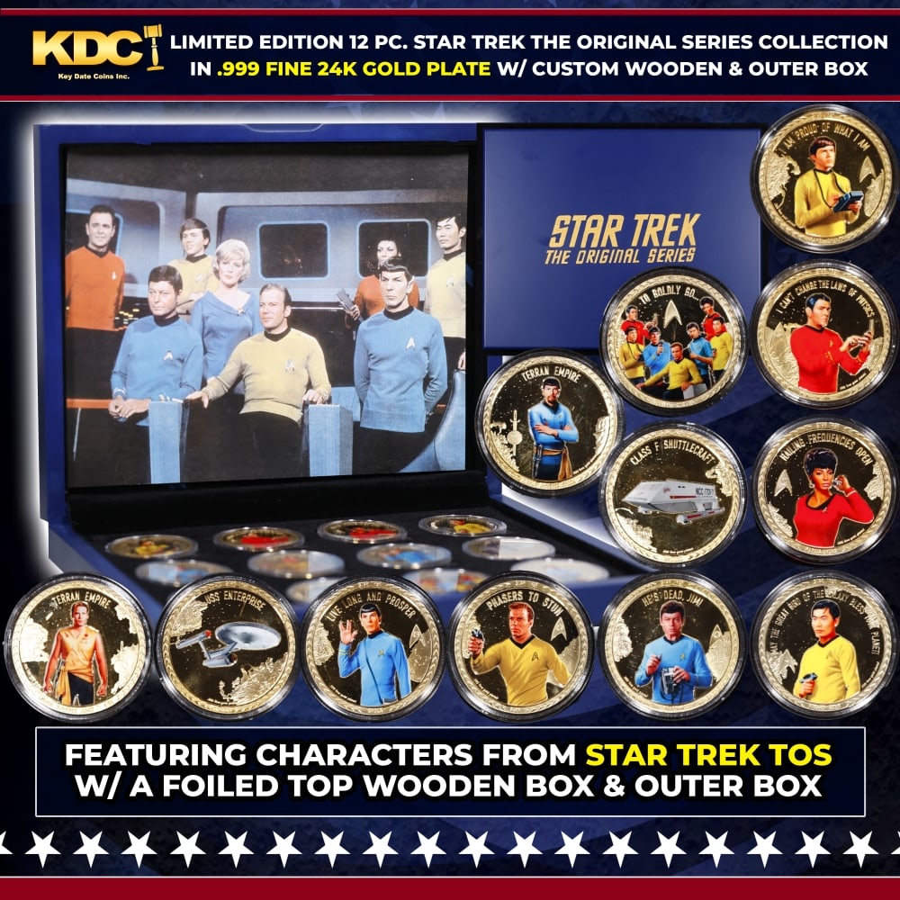 Limited Edition 12 Coin Star Trek The Original Series B Gold Plated Collection In Custom WOODEN Box: Limited Edition 12 Coin Star Trek The Original Series B Gold Plated Collection In Custom WOODEN Box W/ Special Backer card. Please Note All Backer Cards may have slight differences but will be very
