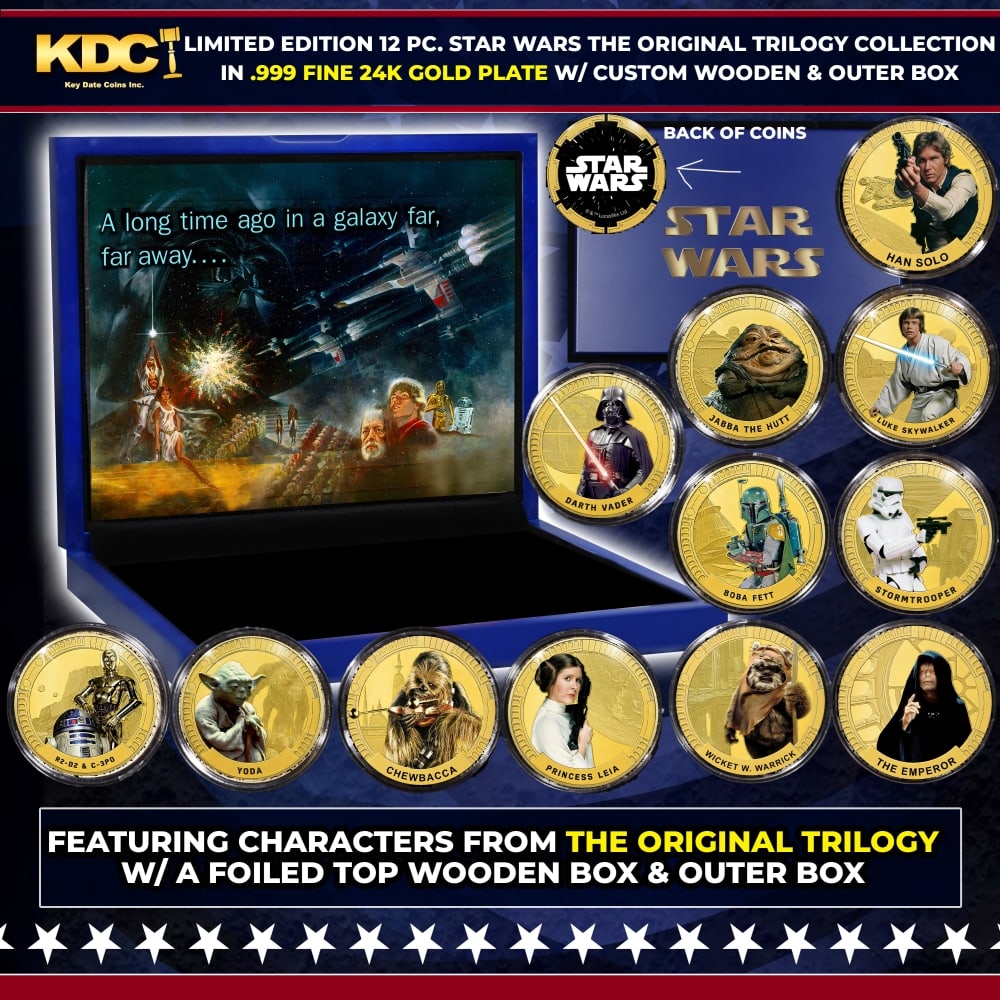 Limited Edition 12 PC Star Wars The original Trilogy Gold Plated Collection In Custom WOODEN Box W/: Limited Edition 12 PC Star Wars The original Trilogy Gold Plated Collection In Custom WOODEN Box W/ Special Backer card. Please Note All Backer Cards may have slight differences but will be very simil