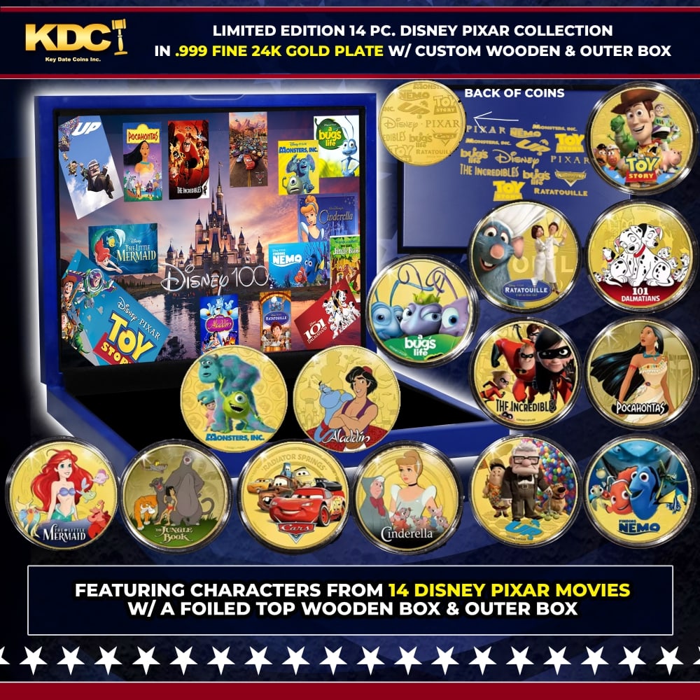 Limited Edition 14 PC Disney Pixar 24k Gold Plated Collection In Custom WOODEN Box W/ Special Bac...: Limited Edition 14 PC Disney Pixar 24k Gold Plated Collection In Custom WOODEN Box W/ Special Backer card. Please Note All Backer Cards may have slight differences but will be very similar if not iden