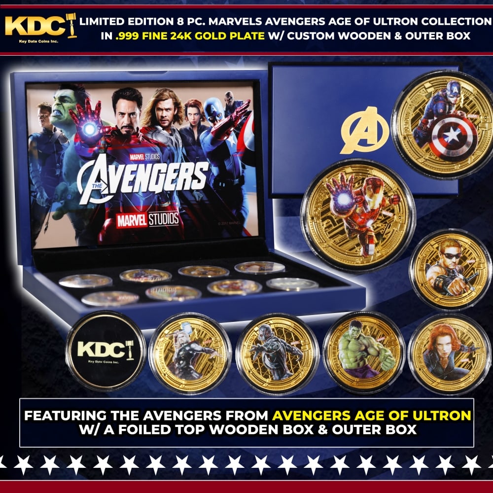 Limited Edition 8 Coin Marvel Avengers Age of Ultron Gold Plated Collection In Custom WOODEN Box W/: Limited Edition 8 Coin Marvel Avengers Age of Ultron Gold Plated Collection In Custom WOODEN Box W/ Special Backer card. Please Note All Backer Cards may have slight differences but will be very simil