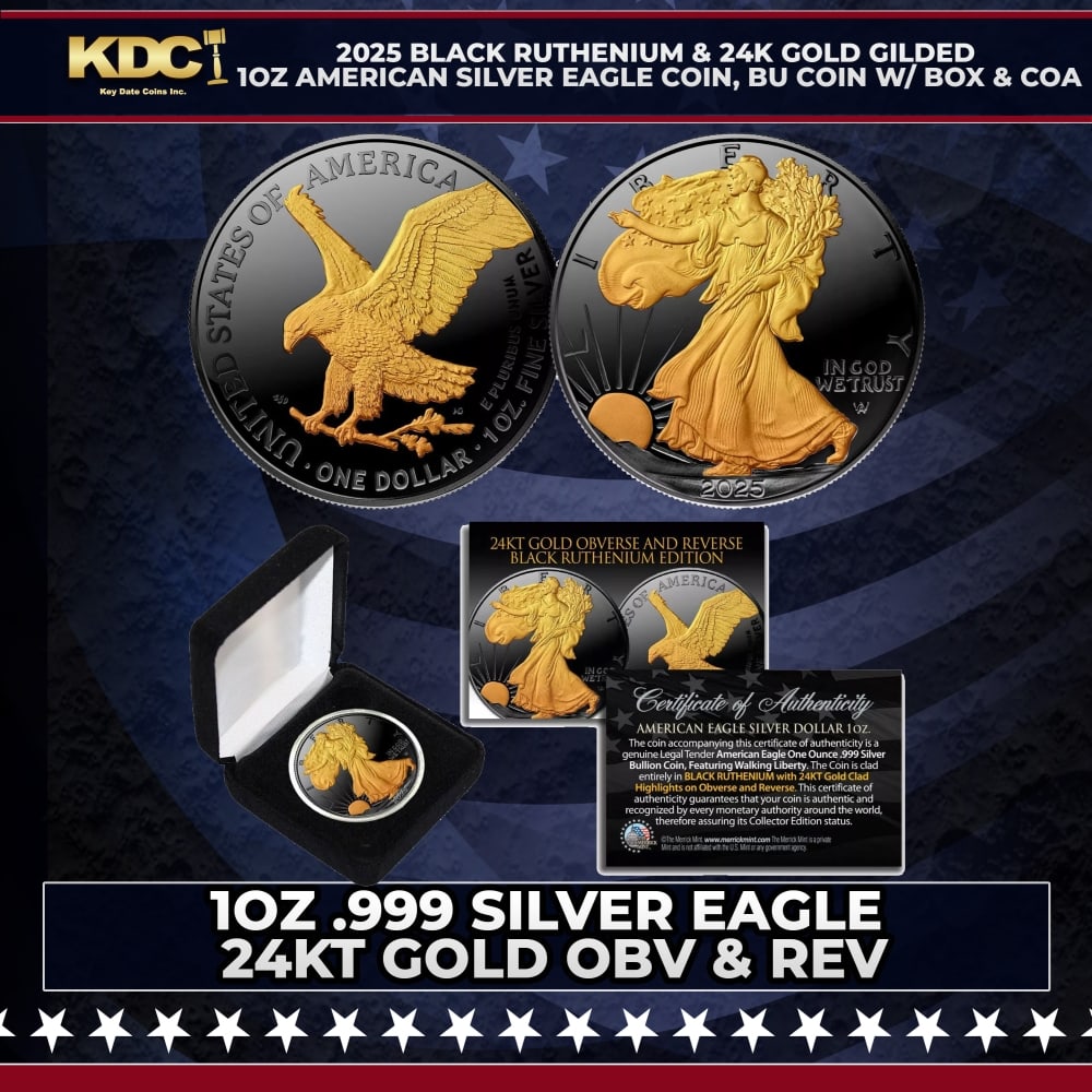 2025 Black Ruthenium & 24K Gold Gilded 1oz American Silver Eagle Coin, BU Coin w/ Box & COA Other...: 2025 Black Ruthenium & 24K Gold Gilded 1oz American Silver Eagle Coin, BU Coin w/ Box & COA. Seize this opportunity to acquire the BLACK RUTHENIUM EDITION 2025 American Silver Eagle Dollar U.S. Coin.