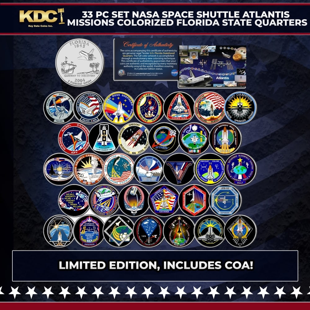 33 Pc Set NASA Space Shuttle Atlantis Missions Colorized Florida State Quarters Other Toy: 33 Pc Set NASA Space Shuttle Atlantis Missions Colorized Florida State Quarters. Space Shuttle Atlantis was the 4th functional and the 2nd-to-last Space Shuttle NASA ever built. This 33 Coin Set of