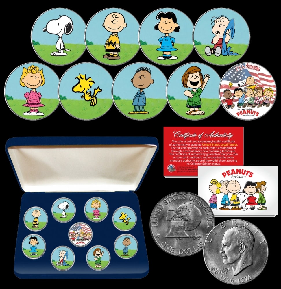 9 Coin Charlie Brown Peanuts Gang and Snoopy 1976 Eisenhower $1 Set w/ Display Box Other Toy - 2