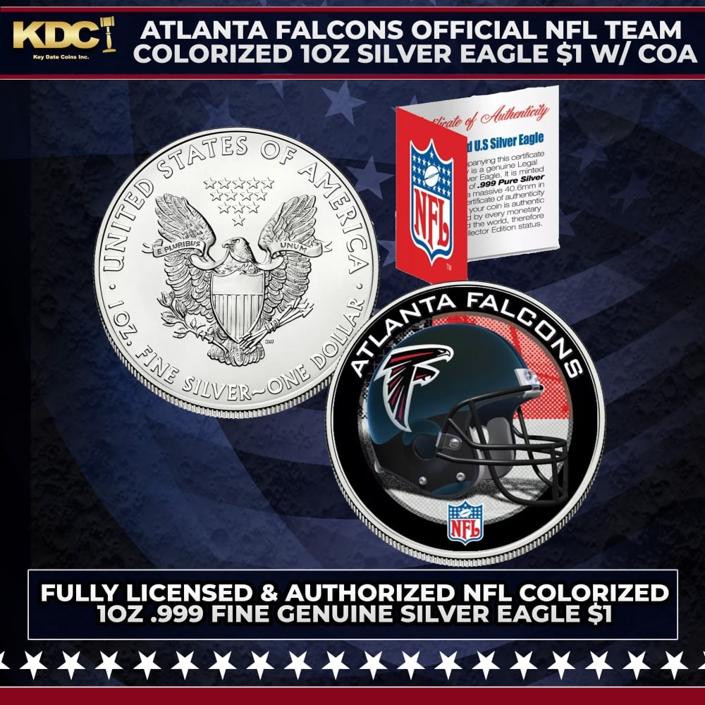 Atlanta Falcons Official NFL Team Colorized 1oz Silver Eagle $1 w/ COA Other Toy: Atlanta Falcons Official NFL Team Colorized 1oz Silver Eagle $1 w/ COA. This is your chance to own a fully licensed & authorized NFL colorized .999 Fine Silver Eagle $1 coin, beautifully enhanced