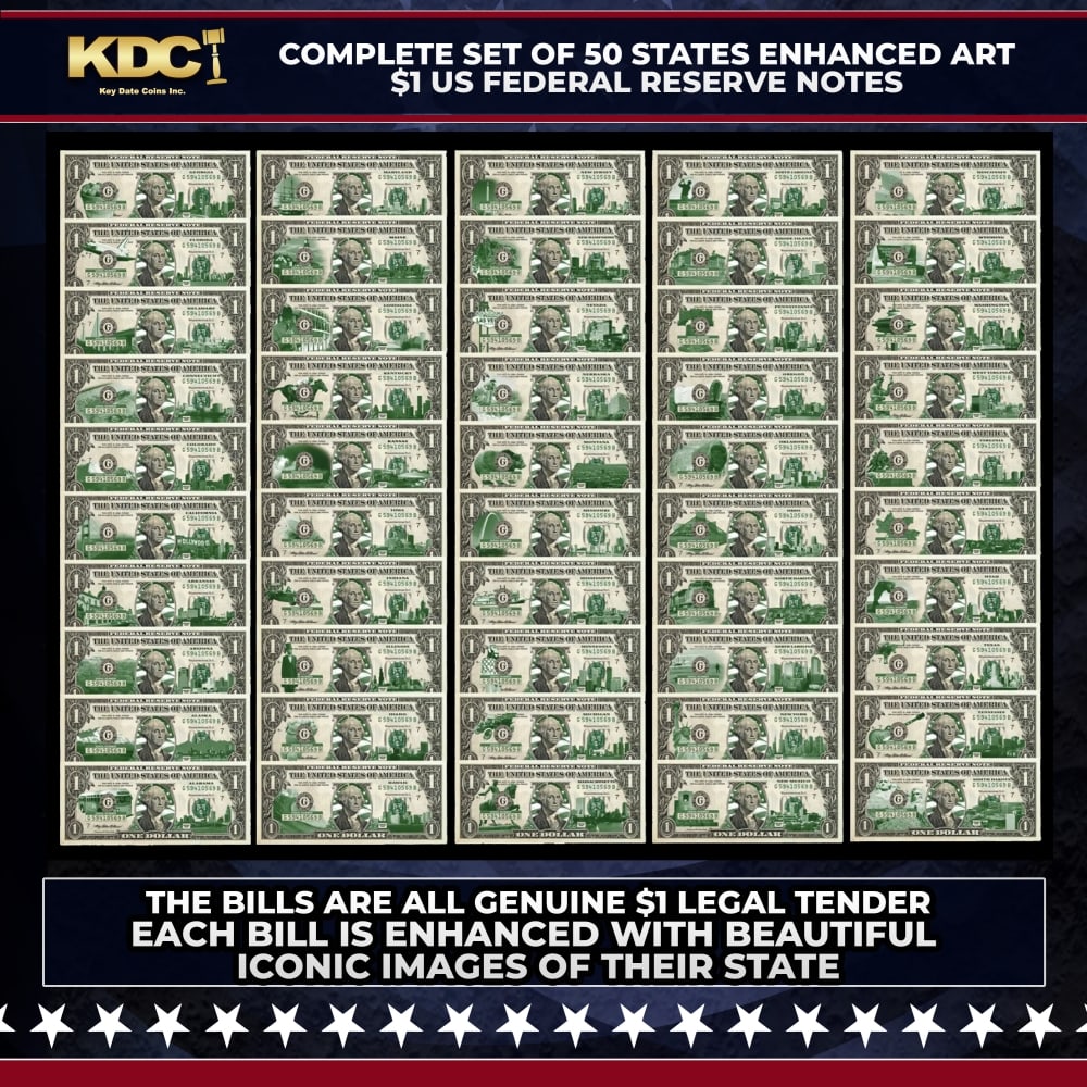 Complete Set of 50 States Enhanced Art $1 US Federal Reserve Notes (The Bills Are Real) Other Toy: Complete Set of 50 States Enhanced Art $1 US Federal Reserve Notes (The Bills Are Real). Here's your chance to possess a complete set of fifty (50) STATE uncirculated one-dollar bills, each with