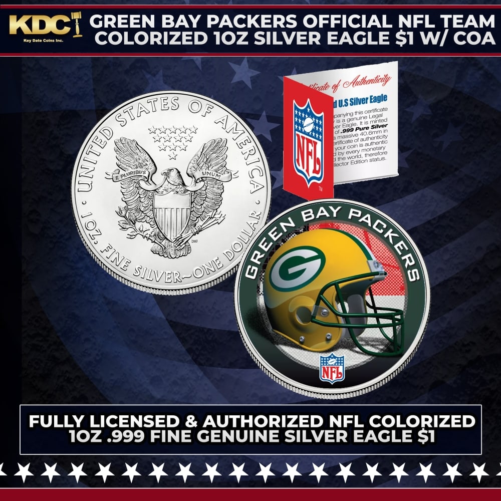 Green Bay Packers Official NFL Team Colorized 1oz Silver Eagle $1 w/ COA Other Toy: Green Bay Packers Official NFL Team Colorized 1oz Silver Eagle $1 w/ COA. This is your chance to own a fully licensed & authorized NFL colorized .999 Fine Silver Eagle $1 coin, beautifully enhanced wi
