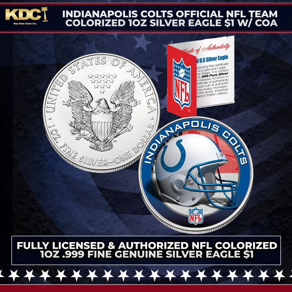 Indianapolis Colts Official NFL Team Colorized 1oz Silver Eagle $1 w/ COA Other Toy: Indianapolis Colts Official NFL Team Colorized 1oz Silver Eagle $1 w/ COA. This is your chance to own a fully licensed & authorized NFL colorized .999 Fine Silver Eagle $1 coin, beautifully enhanced