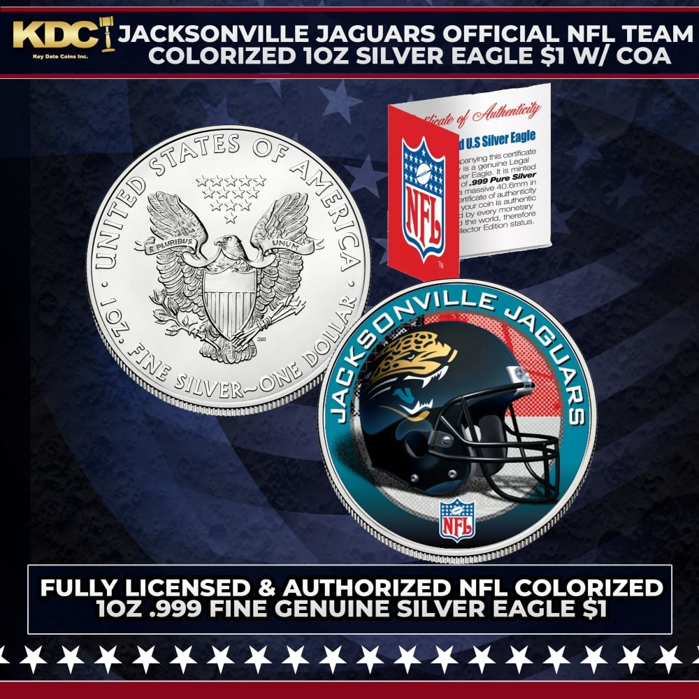 Jacksonville Jaguars Official NFL Team Colorized 1oz Silver Eagle $1 w/ COA Other Toy: Jacksonville Jaguars Official NFL Team Colorized 1oz Silver Eagle $1 w/ COA. This is your chance to own a fully licensed & authorized NFL colorized .999 Fine Silver Eagle $1 coin, beautifully