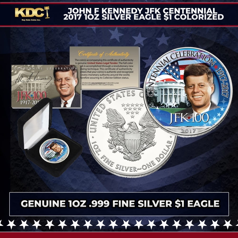 John F Kennedy JFK Centennial 2017 1oz Silver Eagle $1 Colorized Other Toy: John F Kennedy JFK Centennial 2017 1oz Silver Eagle $1 Colorized. Here’s your chance to own a PRESIDENT JOHN F. KENNEDY JFK100 Centennial Celebration American Silver Eagle Dollar U.S. coin, beau