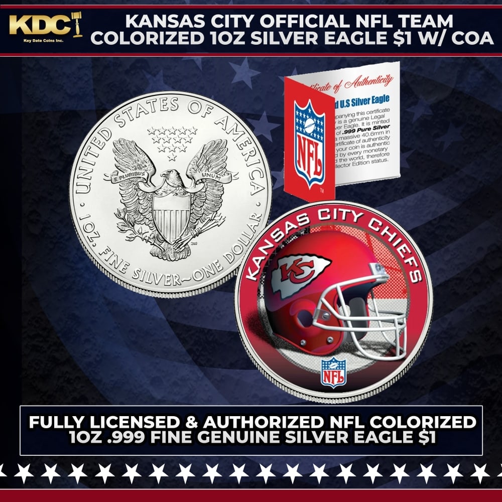 Kansas City Official NFL Team Colorized 1oz Silver Eagle $1 w/ COA Other Toy: Kansas City Official NFL Team Colorized 1oz Silver Eagle $1 w/ COA. This is your chance to own a fully licensed & authorized NFL colorized .999 Fine Silver Eagle $1 coin, beautifully enhanced with