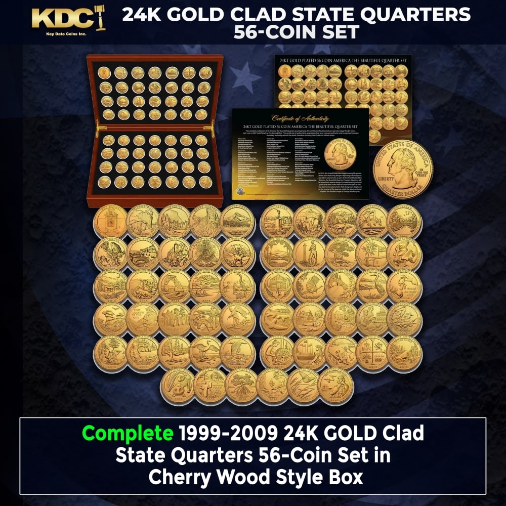 Complete 1999-2009 24K GOLD Clad State Quarters 56-Coin Set CherryWood Style Box Other Toy: Complete 1999-2009 24K GOLD Clad State Quarters 56-Coin Set CherryWood Style Box. 1999-2009 Complete 24K GOLD Clad State Quarters 56-Coin Set CherryWood Style Box