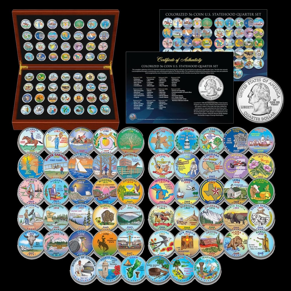 Complete 1999-2009 COLORIZED State Quarters 56-Coin Set in Cherry Wood Style Box Other Toy - 2