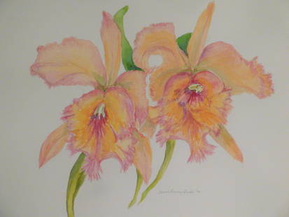 Annie Laurie Dodd (American, 1932 - Present) "Cattleya": Original watercolor painting of a cattleya orchid executed by acclaimed southern artist, Annie Laurie Dodd (wife of Lamar Dodd). Visible field measures 13.5" x 13.5". Exterior of matting meausures