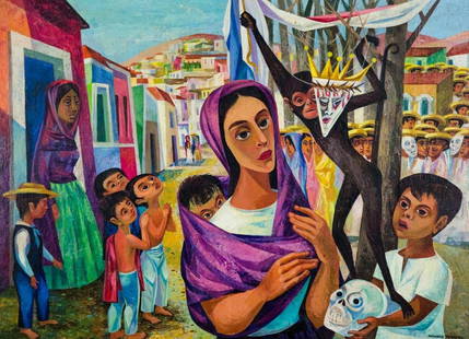 Howard Mandel (American, 1917 - 1999) "All Soul: Acrylic on board painting executed by American cubist, Howard Mandel. Entitled, "All Souls Day," the painting depicts a Central American village celebrating the Dia de Los Muertos . Within this two