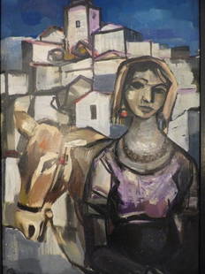 Sarra "Girl with Donkey" Vintage Cubisim Oil on Board: Cubist style painting executed in oil, depicting a young girl with donkey in a hill side village. Framed in black leatherette frame. Bears the artist's signature in upper right corner. Visible area