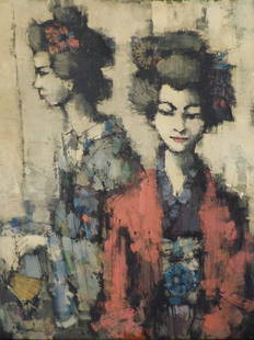 Illegibly Signed "Kyoto Geisha". Oil on Canvas: Illegibly signed oil on canvas depicting a frontal view and side profile of two geishas. Framed in a black wooden frame. Image area measures 30" x 26". Exterior of frame measures 31.5" x 27.5".