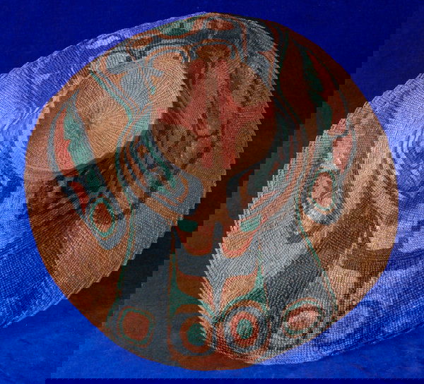 19TH C. Tlingit Spruce Root Hat with Painted Raven: 19TH C. Tlingit Spruce Root Hat with Painted Raven Design 15 1/2" D. 8" H. With Restoration