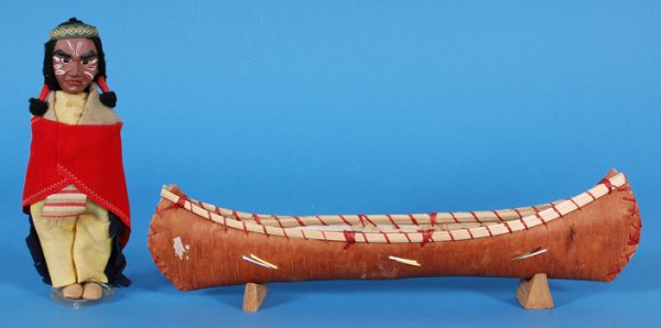 Ojibway Birch Bark Canoe 16" L. 3 1/2" W. Good Con