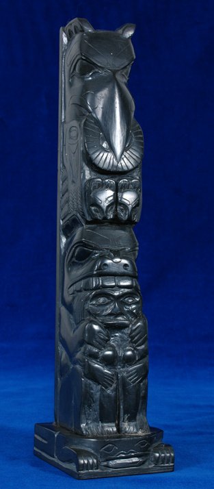 Tom Hans Argillite Totem - Raven Holding Sun and B