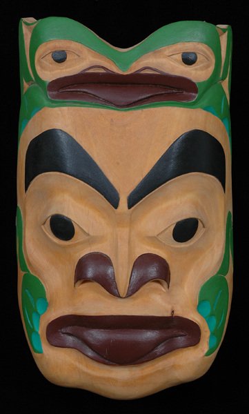 Tlingit Frog Portrait Mask by Cecil B. Anderson Ca: Tlingit Frog Portrait Mask by Cecil B. Anderson Carved Yellow Cedar 14 1/2" H. 8 3/4" W. Good Condition