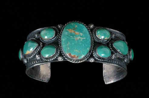 Navajo Silver and Turquoise Bracelet 6 1/2" L. 1" 