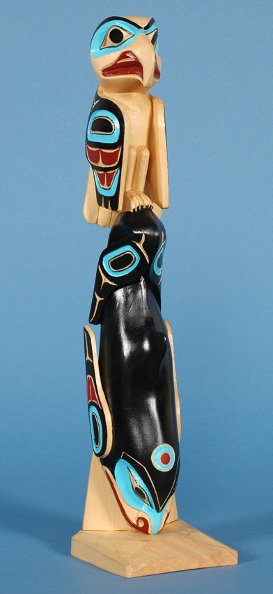 Henry Robertson Totem Carved and Painted Yellow Ced: Henry Robertson Totem Carved and Painted Yellow Cedar with Eagle and Whale 17" H. 4" W. Base Fine Condition