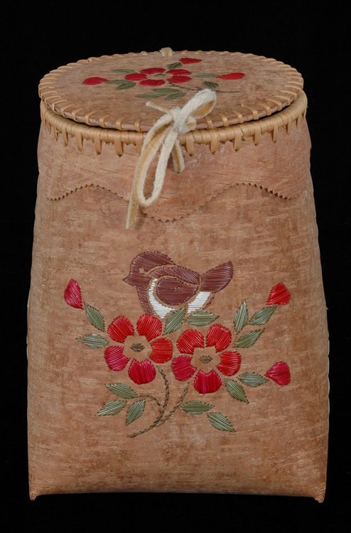 Birch Bark and Porcupine Quill Basket - Bird and Fl: Birch Bark and Porcupine Quill Basket - Bird and Floral Design 11 1/2" H. 8" W. Fine Condition