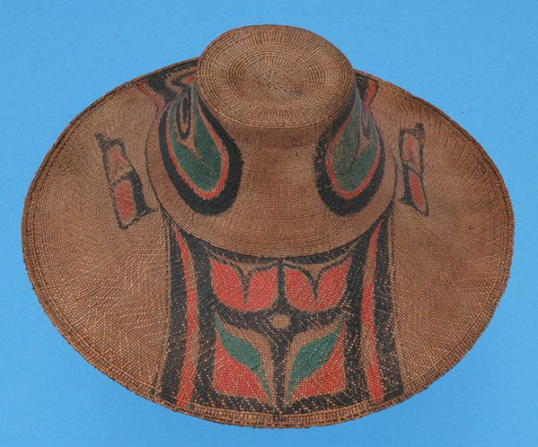 19TH C. Haida Spruce Root Hat with Painted Raven D: 19TH C. Haida Spruce Root Hat with Painted Raven Design 15 1/2" D. 8" H. With Restoration