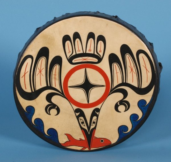 Nuu-chah-nulth Painted Drum - Kingfisher Design 12: Nuu-chah-nulth Painted Drum - Kingfisher Design 12 1/2" D. Fine Condition