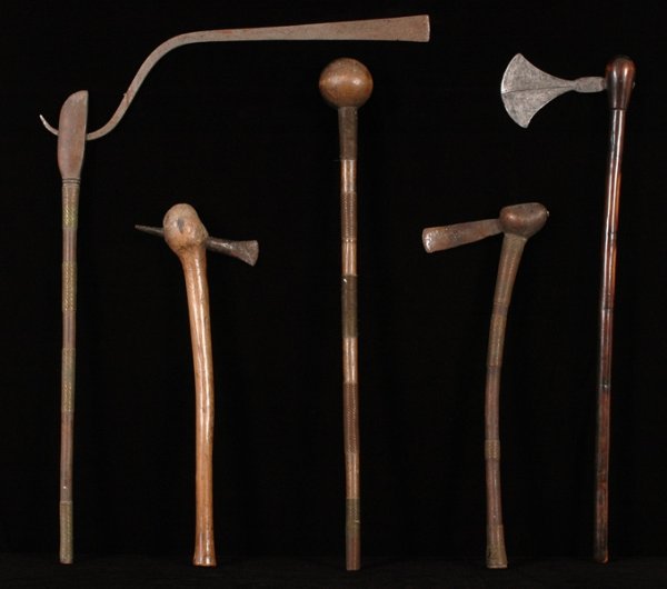 Four African Axes and a War Club Collected in the: Four African Axes and a War Club Collected in the 1920"s Fine Patina 29" - 21" L. Good Condition
