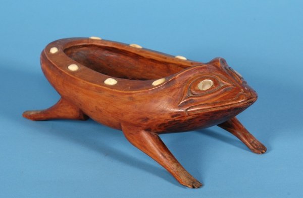Tlingit Carved Frog Dish ca. 1900 with Bone and Sh: Tlingit Carved Frog Dish ca. 1900 with Bone and Shell Inlay 11 1/2" L. 5" W. Good Condition