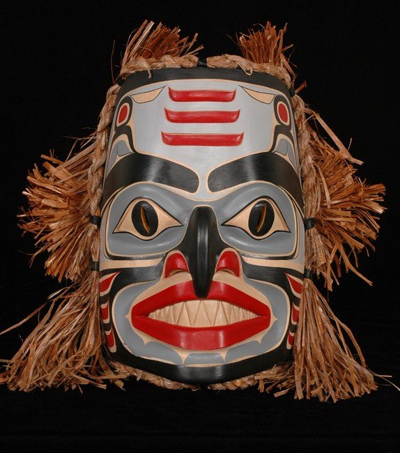 Shark Mask, Carved Yellow Cedar with Cedar Bark Ha: Shark Mask, Carved Yellow Cedar with Cedar Bark Hair 13 1/2" H. 10 1/2" W. by Jane and Ryan Morin Fine Condition