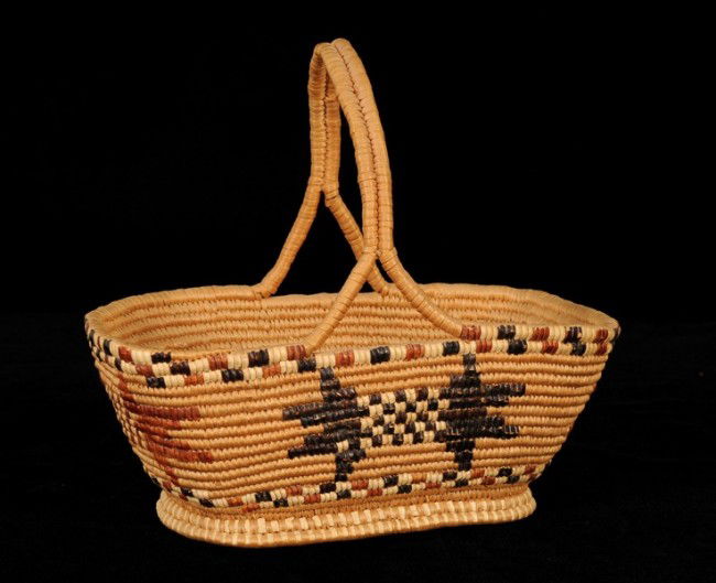 Salish Handled Carry Basket with Geometric Design M: Salish Handled Carry Basket with Geometric Design Made by Mimmie Peters - Laidlaw, B.C. 1977 10" L. 5 1/2" W. Good Condition