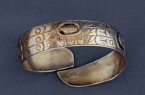 Victor Adams Silver Bracelet with Raven and Eagle D: Victor Adams Silver Bracelet with Raven and Eagle Design Signed and Dated "xx/90" 8" L. 5/8" W. Fine Condition