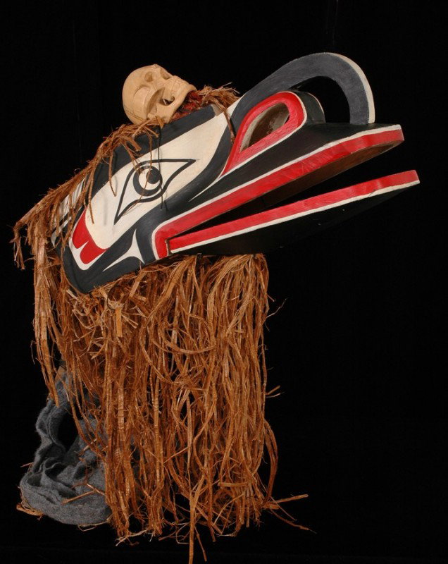 Beau Dick Crooked Beak Mask with Hamatsa Skull Rat: Beau Dick Crooked Beak Mask with Hamatsa Skull Rattle - Has been Danced 27" L. 14" H. Fine Condition