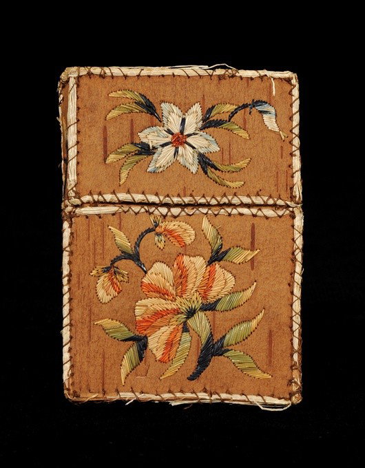Birch Bark Playing Card Box with Floral Design Qui: Birch Bark Playing Card Box with Floral Design Quill Work 4" H. 2 3/4" W. Good Condition with Minor Quill Loss