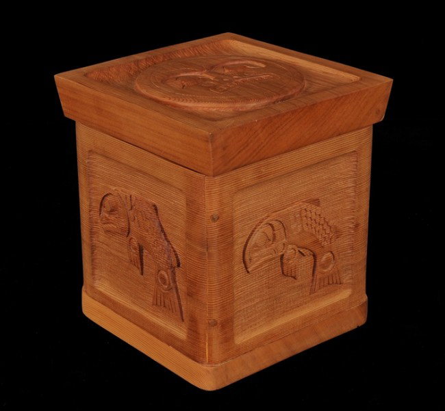 Red Cedar Bent Wood Box with Carved Salmon and Moo: Red Cedar Bent Wood Box with Carved Salmon and Moon Design by Robert Rufus 8" H. 7 3/8" Sq. Fine Condition