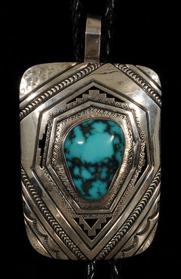 Navajo Silver and Villa Grove Turquoise Bolo Tie Ma: Navajo Silver and Villa Grove Turquoise Bolo Tie Made by Peter Nelson 88 GMS Pendant 2 7/8" H. 2 1/8" W. Turquoise 7/8"x 1 1/4" Fine Condition