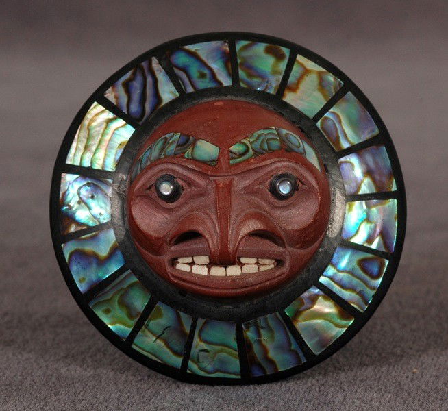 Argillite Hawkman Sculpture with Catlinite and Aba: Argillite Hawkman Sculpture with Catlinite and Abalone Inlay Made by Andrew Williams 2 1/4" D. 1 1/4" Deep Fine Condition