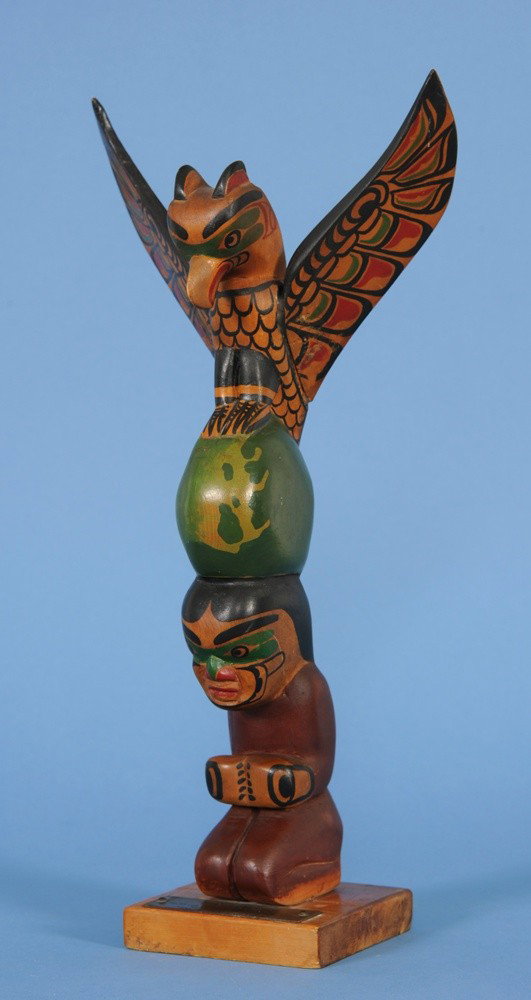 Ellen Neel "Totem World" Totem with Presentation P: Ellen Neel "Totem World" Totem with Presentation Plaque to Bill Sweetgrass 14 1/2" H. 6 3/4" W. Good Condition with Wings Reattached to Totem