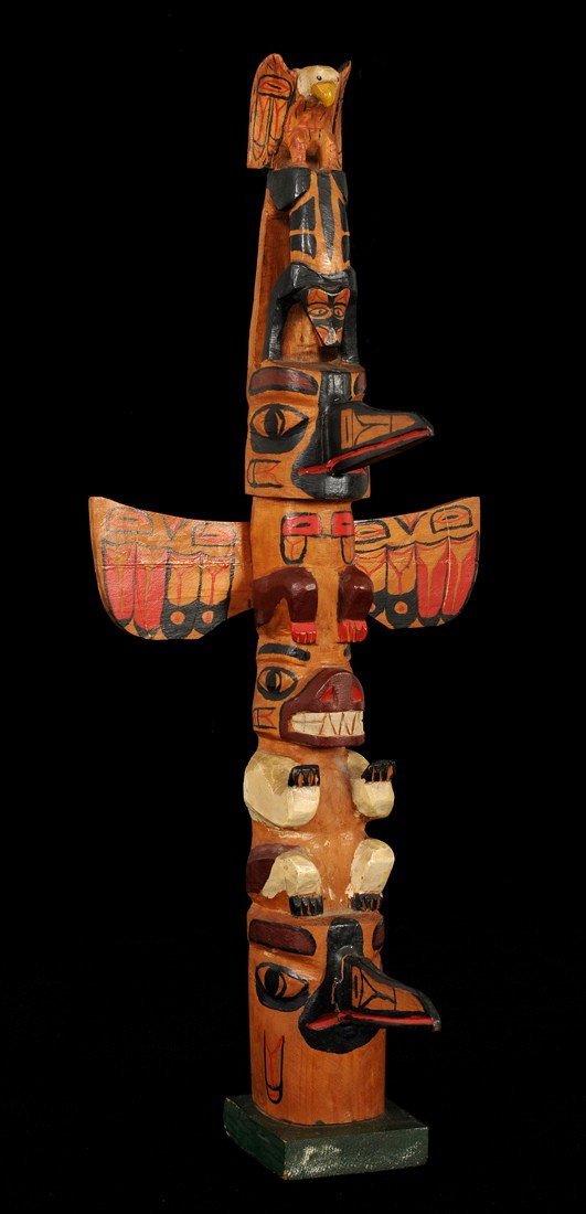 Northwest Coast Totem Carved with Five Figures by : Northwest Coast Totem Carved with Five Figures by Jeffrey 19 3/4" H. 8 1/2" W. Good Condition with Repair to Wing