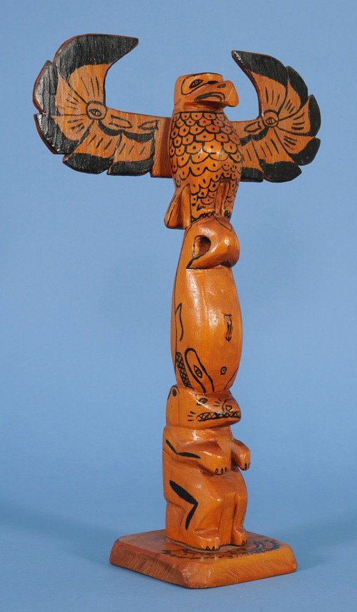 Northwest Coast Totem Carved with Thunderbird, Bea: Northwest Coast Totem Carved with Thunderbird, Bear and Whale 16" H. 11" W. Good Condition